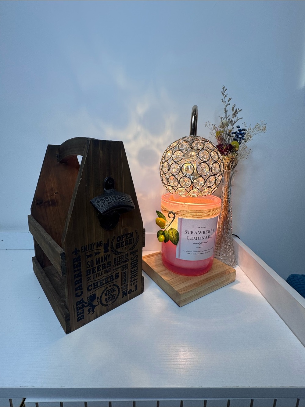 Wooden caddy with beer opener